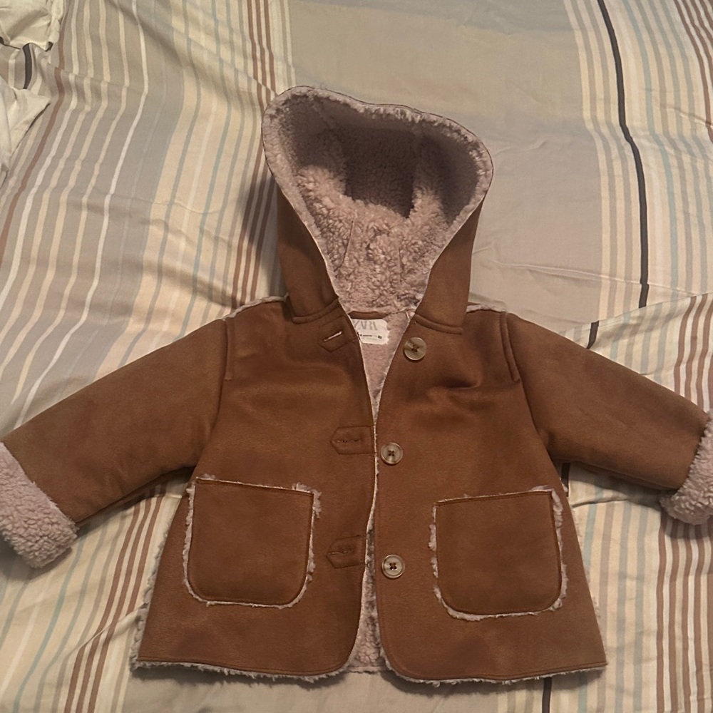 Zara Brown Faux-Shearling Hooded Puffer Coat